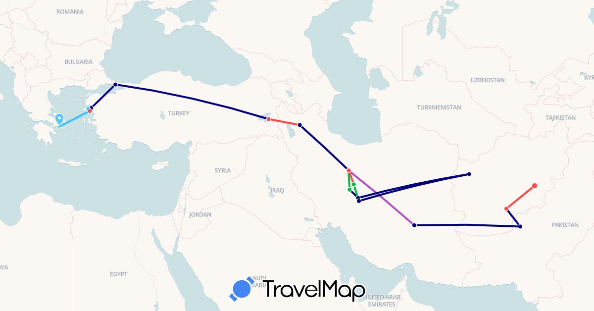 TravelMap itinerary: driving, bus, train, hiking, boat in Afghanistan, Greece, Iran, Pakistan, Turkey (Asia, Europe)